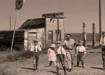 An old sepia picture of a rural family