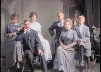 Colourised picture of two families