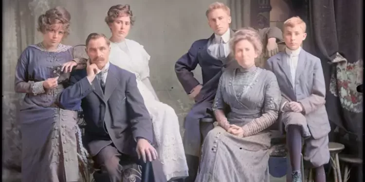 Colourised picture of two families